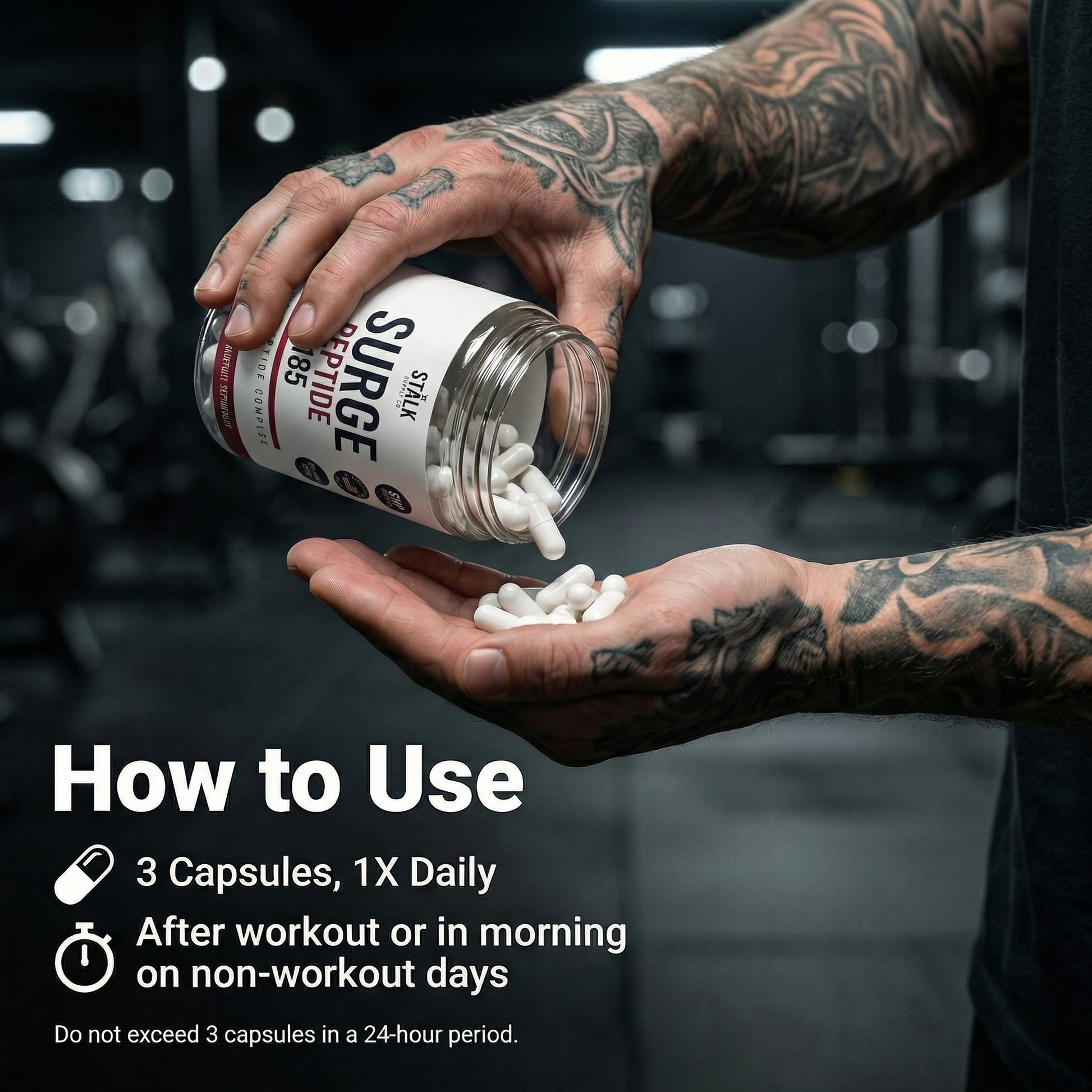 SURGE 185 supplement bottle 2000mg muscle peptide 90 capsules