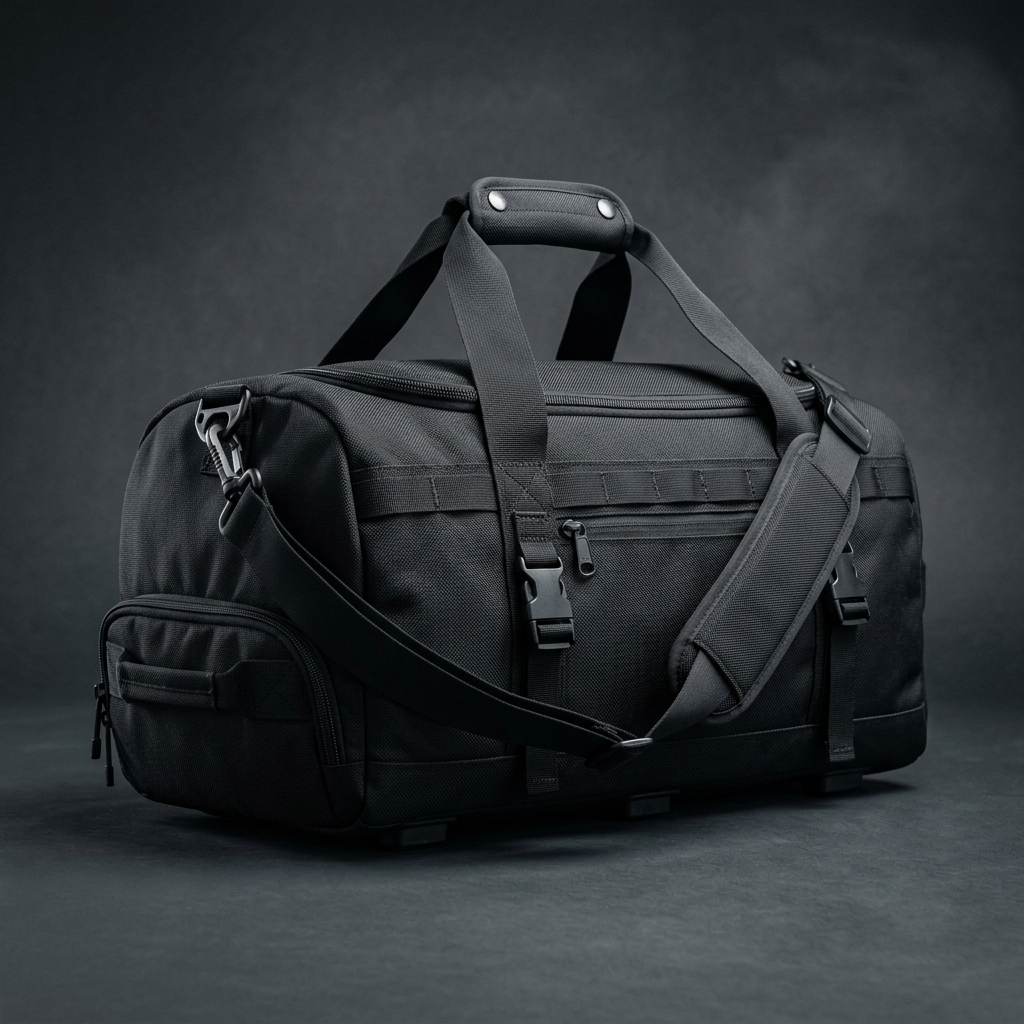 STÅLK DUFFEL 30 in Void Black (#0A0A0A), 30L ballistic nylon gym duffel with ventilated shoe compartment