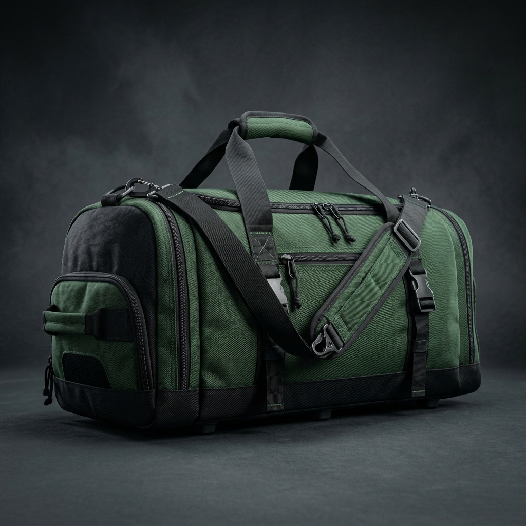 STÅLK DUFFEL 30 in Forest Green (#2D4A35), 30L ballistic nylon gym duffel with ventilated shoe compartment