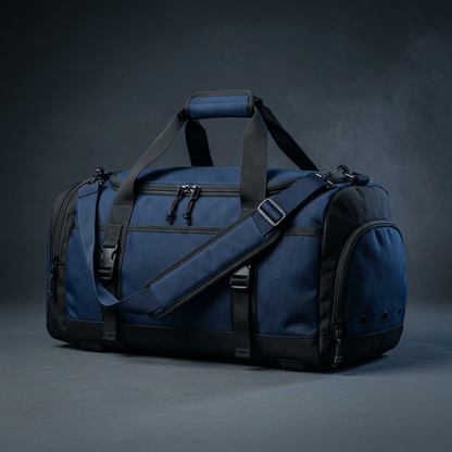 STÅLK DUFFEL 30 in Midnight Navy (#0F1E3D), 30L ballistic nylon gym duffel with ventilated shoe compartment